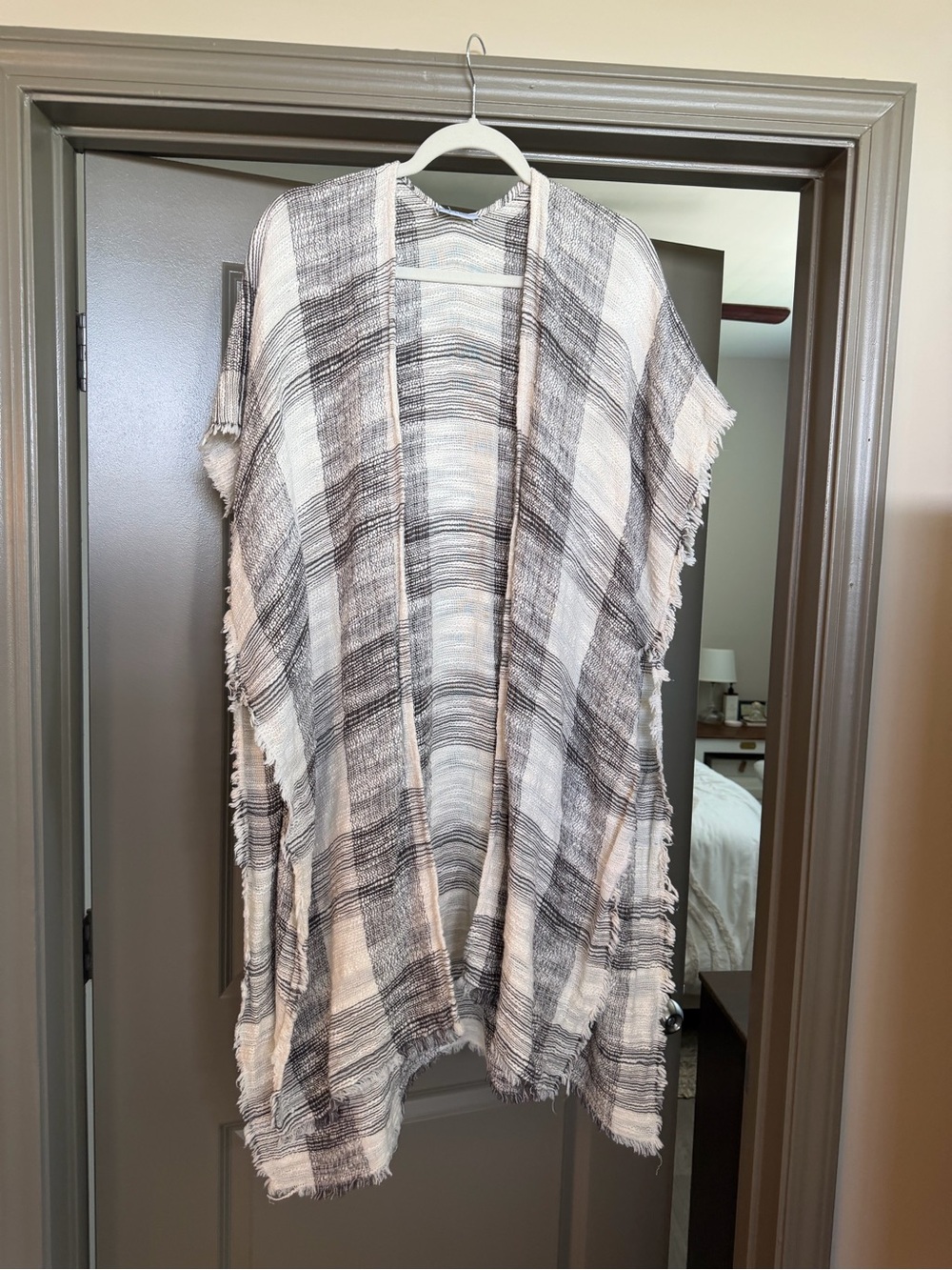 Anthropologie Cream and Gray Plaid Open Front Fringe Jacket